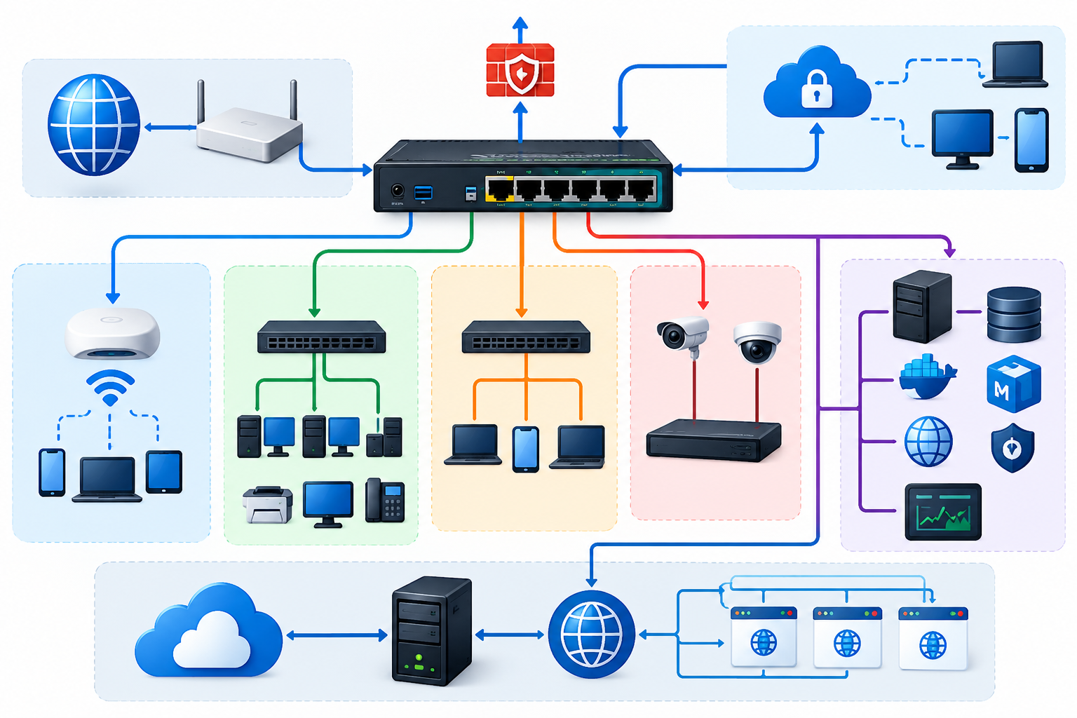 Diagram modern infrastruktur jaringan MikroTik RouterOS dengan Internet, firewall, jaringan internal, hotspot, CCTV, server, cloud, dan layanan web.